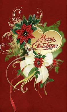 a merry christmas greeting card with poinsettis and holly berries on a red background