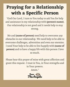 a prayer card with the words praying for a relationship with a specific person on it