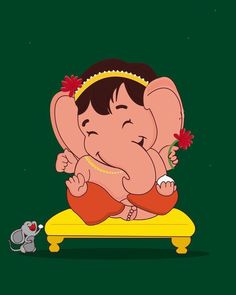 an elephant sitting on top of a table next to a small mouse and a red flower