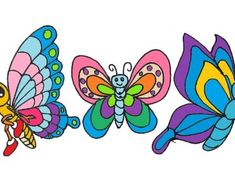 three colorful butterflies flying in the sky with their wings spread out and facing different directions