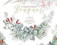 christmas bouquet watercolor clipart with holly, berries and pine cones on white background