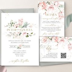 wedding stationery with pink flowers and greenery