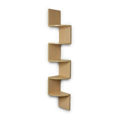 the corner shelf is made out of wood and has three shelves on each side, one with