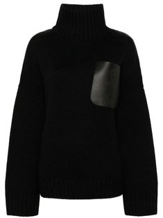 black knitted construction logo-print leather chest patch pocket high neck drop shoulder long sleeves ribbed cuffs and hem straight hem Pocket Sweater, Roll Neck Jumpers, Jw Anderson, City Dress, Brown Sweater, Summer Beach Wear, Ribbed Sweater, Black Knit, Printed Leather