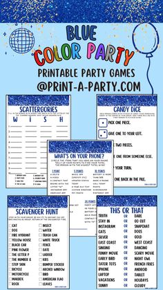 Experience the ultimate blue color-themed party with our vibrant collection of printable games in eight different colors! All are instant download printables and print on regular paper using any color printer. Each game prints 2 per page and measures 5" x 7" each, with convenient dotted lines for simple cutting. Choose 1 game or get all 5 in the bundle! Say goodbye to long shipping times and start playing immediately! If you are hosting a blue themed party, this is a must have! Download your color party games now only at Print-A-Party.com Blue Party Ideas, Blue Themed Party, Blue Party Themes, Adults Party Theme, Scavenger Hunt Birthday, Color Party, Kids Birthday Theme, Fun Birthday Party, Games Activities