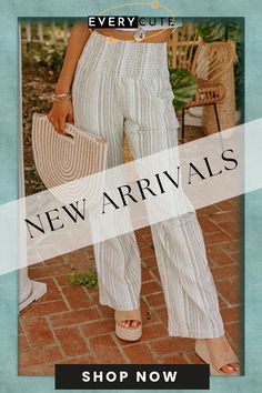 Smocked High Waist Stripe Pants Trendy Beach Bottoms With Smocked Back, Casual Beach Bottoms With Smocked Bodice, Spring White Bottoms With Smocked Back, Summer Bottoms With Smocked Bodice For Day Out, Spring Vacation Bottoms With Smocked Back, Spring Vacation Pants With Pull-on Style, Casual Pants With Smocked Back For Vacation, Casual Smocked Back Pants, Summer Bottoms With Smocked Back For Day Out