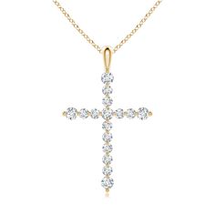 Each round diamond on this classic pendant appears to be floating in all its splendor. A mesmerizing beauty in 14k yellow gold, this diamond dotted cross pendant connects to a lustrous bale. Elegant Diamond White Round Cross Necklace, Elegant Round Diamond White Cross Necklace, Elegant Brilliant Cut Crucifix Jewelry, Elegant Yellow Gold Round Cross Necklace, Classic Diamond Pendant Cross Necklace, Classic Yellow Gold Diamond Cross Pendant Necklace, Yellow Gold Brilliant Cut Crucifix Jewelry, Yellow Gold Crucifix With Brilliant Cut, Yellow Gold Crucifix Jewelry With Brilliant Cut