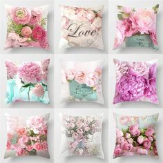 six different pillows with pink flowers on them