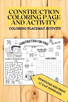 construction coloring page and activity sheet for kids to print on wood planks with the words construction