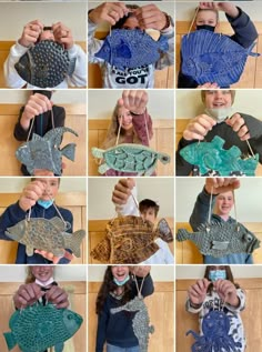 a collage of photos showing how to make fish out of plastic bottles and wire