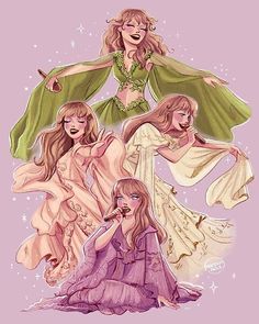 three women dressed in dresses and one is wearing a green cape, while the other two are