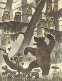 an image of a bear in the woods with many owls on trees and mushrooms around him