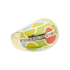 Domed cocktail-style ring features bright enamel colors in a modern abstract design, accented by sparkling Czech glass rhinestones. Ideal for counter sales or as a quick on-the-go accessory. Ring is packaged in a gift pouch for presentation. Art Deco Enamel Ring As A Gift, Art Deco Enamel Ring As Gift, Multicolor Jeweled Enamel Jewelry, Retro Green Enamel Jewelry, Unique Multicolor Enamel Ring, Modern Multicolor Enamel Jewelry, Avant Garde Jewelry, Gift Pouch, Czech Glass