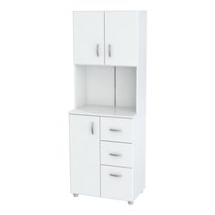 a white cabinet with two doors and drawers on it's sides, against a white background