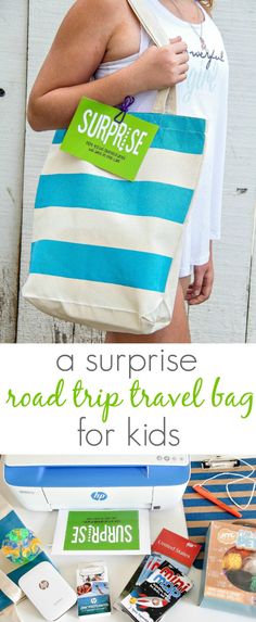 a woman holding a bag with the words surprise road trip travel bag for kids on it