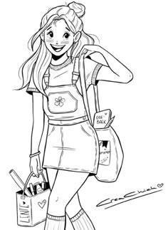 a girl with a backpack and purse is walking down the street coloring pages for kids