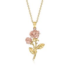 Ross-Simons - 14kt Two-Tone Gold Rose Pendant Necklace. 18". This lovely rose pendant necklace embraces a forever spring feeling. Inspired by Mother Nature, a gorgeous textured and polished 14kt rose and yellow gold flower is elegantly detailed resembling the life-like bud. Suspends from a 14kt yellow gold cable chain with a 2" extender. Springring clasp, rose pendant necklace. Spring Feeling, Jewelry Presentation, Rose Pendant Necklace, Feeling Inspired, Rose Pendant, Necklace Necklace, Gold Flower, Fine Jewellery Necklace, Gold Flowers