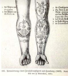 an old book with tattoos on the legs and arms, in german text above it