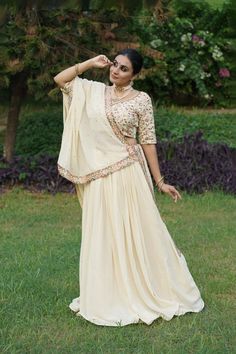 Off-White Lehenga Choli with Sequins & Thread Embroidery Embroidery Work Blouse, White Shades, Madhuri Dixit, Can Can, Blouse Work