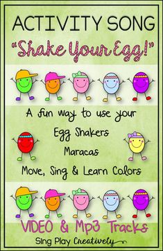 an image of some cartoon characters with words that say, shake your egg and sing