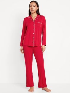 Knit Jersey Pajama Pant Set | Old Navy Daywear Sets With Pockets And Long Sleeves, Casual Long Sleeve Pant Set For Daywear, Button-up Sleepwear With Pockets For Loungewear, Relaxed Fit Long Sleeve Sleepwear With Buttons, Long Sleeve Buttoned Sleepwear For Pajama Party, Casual Long Sleeve Sleepwear With Button Closure, Long Sleeve Loungewear Sets With Button Closure, Collared Sets With Buttons For Loungewear, Collared Loungewear Sets With Buttons