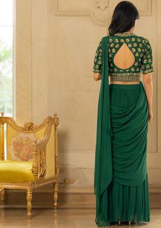 Featuring an emerald green pre-draped sari set paired with raw silk antique motif hand embroidered blouse and our signature belt. Embellished Saree Blouse, Embellished Saree, Rahul Khanna, Hand Embroidered Blouse, Green Antique, Soho Nyc, Nehru Jackets, Western Wedding, Wedding Service