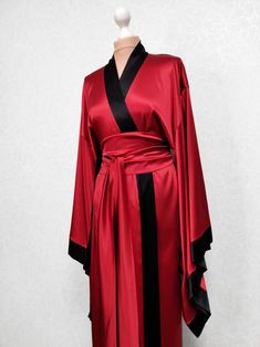 Red Silk Robe, Floor Length Robe, Silk Bridal Robe, Silk Robe Long, Bridal Nightgown, Bridal Kimono, Kimono Dressing Gown, Red Kimono, Plus Size Kimono