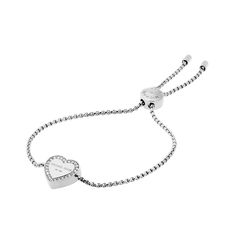 PRICES MAY VARY. The Michael Kors jewelry collection is designed for timeless appeal. Crafted from hypoallergenic materials like stainless steel and brass with sparkling accents, rich in detail with enduring quality. A perfect gift for that special someone, this sweet Michael Kors Jewelry slider bracelet is set with a polished silver-tone heart charm with pavé crystal halo. This chain bracelet features silver-tone stainless steel and an adjustable slider closure. Inner Diameter 2.25" Closure Typ Heart Chain Bracelet, Chain Bracelet For Women, Womens Bracelet, Michael Kors Jewelry, Heart Chain, Bracelet For Women, Crystal Heart, Bracelets And Charms, Womens Fashion Trends