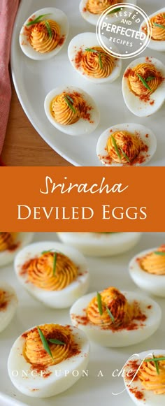 deviled eggs on a white plate with red sauce