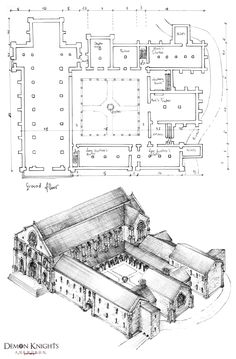 an architectural drawing shows the plan and elevations for a large building with two stories