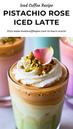 two glasses filled with iced coffee and topped with whipped cream, pistachio rose and sprinkles