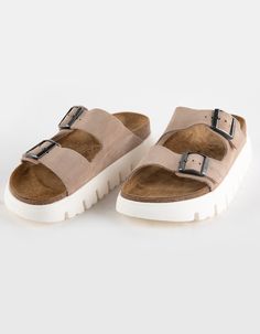 Birkenstock Papillio Arizona Chunky Sandals. A Chunky Platform Sole Takes The Arizona Sandal's Classic Design To New Heights—and Your Style Along With It. The Statement Tread Stands Out Below The Classic Suede Upper. Built On A Contoured Footbed, This Platform Is Always Ready To Get Up To Something. Classic Suede Upper. Suede Footbed Lining. Platform Eva Sole. Two Straps With Adjustable Metal Pin Buckles. Approximate Platform Height: 1". Imported. Summer Suede Clogs With Buckle Closure, Summer Suede Platform Footbed Sandals, Beach Suede Platform Footbed Sandals, Summer Flat Clogs With Leather Footbed, Suede Sport Sandals With Cushioned Footbed For Summer, Comfortable Footbed Sandals With Rubber Sole, Birkenstock Papillio, Flannel Sweatshirt, Lug Sole Boots