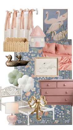 a collage of pink, blue and gold decorating with birds on the wall