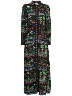 black/multicolour silk all-over graphic print classic collar front button fastening long sleeves buttoned cuffs ankle-length Hayley Menzies, Shirt Dress Black, Shoulder Day, Silk Shirt Dress, Maxi Shirts, Maxi Shirt Dress, Cotton Maxi, Maxi Dress Cotton, Silk Maxi Dress