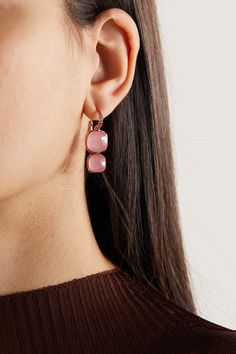 Pomellato curates the most colorful gems for its signature 'Nudo' collection. These drop earrings are adorned with chalcedony and rose quartz, both seamlessly joined together in a slim, 18-karat rose gold frame. The delicate hoop is set with a cluster of brown diamonds for a radiant finish. Luxury Rose Gold Earrings With Gemstone Accents, Exquisite Gemstone Accent Earrings, Elegant Rose Gold Earrings With Gemstone Accents, Pomellato Jewelry, Brown Diamonds, White Diamond Earrings, Rose Gold Frame, Rose Gold Quartz, Rose Quartz Earrings