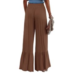 Brown Solid Elastic Waist Wide Leg Casual Pants Brown High Waist Bohemian Pants, Bohemian High Waist Brown Pants, Brown Wide Leg Cargo Pants For Summer, Bohemian High Waist Brown Bottoms, High Waist Bohemian Pants, Wide Leg Casual Pants, Casual Wide Leg Pants, Bottoms Pants, Casual Pants