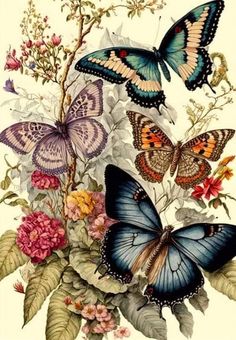 butterflies and flowers on a white background