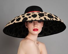 "Strike a pose - this gorgeous  \"Audrey Hepburn\" inspired extra large dome hat is a definite showstopper. The brim made from natural and black coloured Buntal polka dot material and the crown is made from black sinamay fabric. It has red faux leather rope outer headband and grosgrain inner sweat band. Model wearing hat size medium - 59cm Handmade in UK All my hats are CUSTOM MADE TO ORDER so please allow  Dispatched within 3 weeks.  Please note - postage will cost more as this is a very large hat and will be packaged in a large hat box. RETURNS: Please note that as this product is custom made to your specifications, I cannot therefore allow returns or exchanges so please be sure of your purchase.  Feel free to contact me with any queries before purchasing. On the rare occasion that a cus Audrey Hepburn Inspired, Sinamay Fabric, Dressy Hats, Hepburn Style, Large Hats, Elegant Hats, Fancy Hats, Love Hat, Church Hats