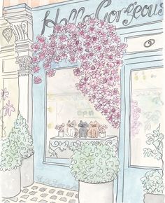 a drawing of a store front with flowers on the window sill and potted plants