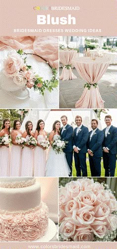 a collage of photos with pink flowers and bridesmaid's dresses on them