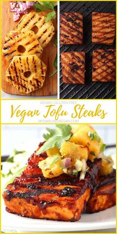 grilled steaks with pineapple salsa and vegan tofu steaks on the grill