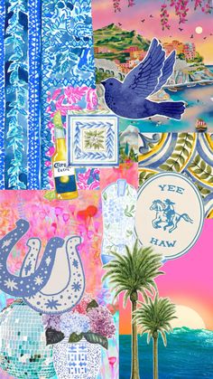 Blue coastal cowgirl, pink watercolor, iphone wallpapers, collage Cowgirl Collage, Summer Prints Wallpaper, Brazil Wallpaper, Costal Cowgirl, Iphone Wallpaper Preppy, Beach Wall Collage, Wallpaper Iphone Boho, Coastal Aesthetic, Wallpaper Iphone Summer