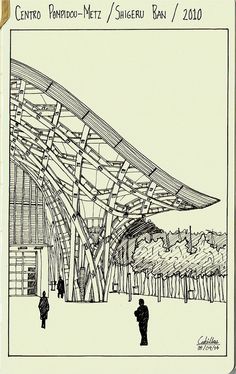 a drawing of people standing in front of a large building with an awning over it