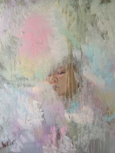 a painting of a girl with her eyes closed in front of an abstracted background