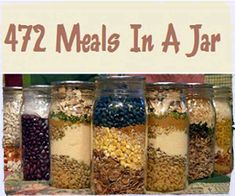 four jars filled with different types of food and the words 472 meals in a jar