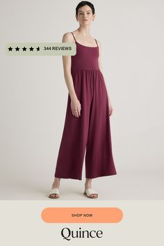 This one-piece has unlimited potential. Wide-leg style with carefree vibes, and cami top with gathered waistband for a flattering silhouette. Made from tencel jersey with a bit of stretch for extra comfort.  | Quince | Women's Tencel Jersey Wide Leg Jumpsuit in Wine, Size Medium Trendy Summer Jumpsuits And Rompers With Elastic Waistband, Casual Stretch Jumpsuits And Rompers With Adjustable Straps, Summer Beach Jumpsuits And Rompers With Elastic Back, Casual Summer Jumpsuits And Rompers With Elastic Back, Summer Beach Jumpsuit With Elastic Back, Summer Jumpsuits With Spaghetti Straps And Elastic Waistband, Casual Sleeveless Jumpsuits And Rompers With Elastic Back, Summer Spaghetti Strap Jumpsuits With Elastic Waistband, Casual Sleeveless Jumpsuit With Elastic Back