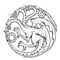 a black and white drawing of a dragon in the shape of a circle with its wings spread