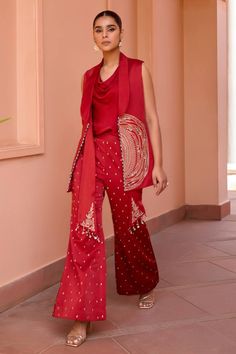 Red satin embroidered jacket and flared pant set Red Wedding Suit Women, Placement Pattern, Isha Gupta, Ethnic Dresses, Satin Embroidery, Fusion Wear, Diwali Outfits, Coord Sets, Kids Studio