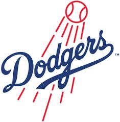 the dodgers logo is shown in blue and red