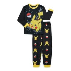 This two-piece pajama set will be a sure hit for your child who likes anything Pokmon! This set features the electric Pikachu in the black and yellow combo with contrasting colors on the neck and leg opening. The bold graphic print of Pikachu on the chest is not to be missed! The pants feature all-over print with fun faces of Pikachu. Made with comfort in mind with a cozy knit fabric, your child will enjoy for lounging or sleeping in his new PJs! Size: 4/5.  Gender: male.  Age Group: kids. Kids Pjs, Kids Clothes Boys, Boys Pajamas, Cozy Knit, Boys Long Sleeve, Cozy Knits, Long Pants, Black N Yellow, Boy's Clothing